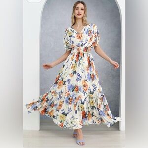 Chicwish Orange and Blue Puff Sleeve Maxi Sundress